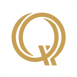 Gold stylized Q logo on white background, a circular emblem with a sweeping tail.